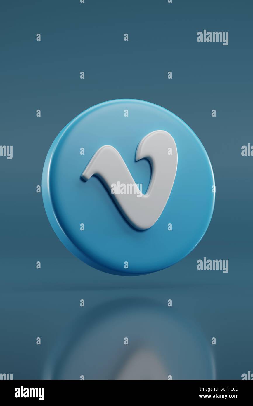 Buenos Aires, Argentine ; 16 août 2025 : logo Vimeo tridimensionnel sur fond bleu. illustration 3d. Banque D'Images