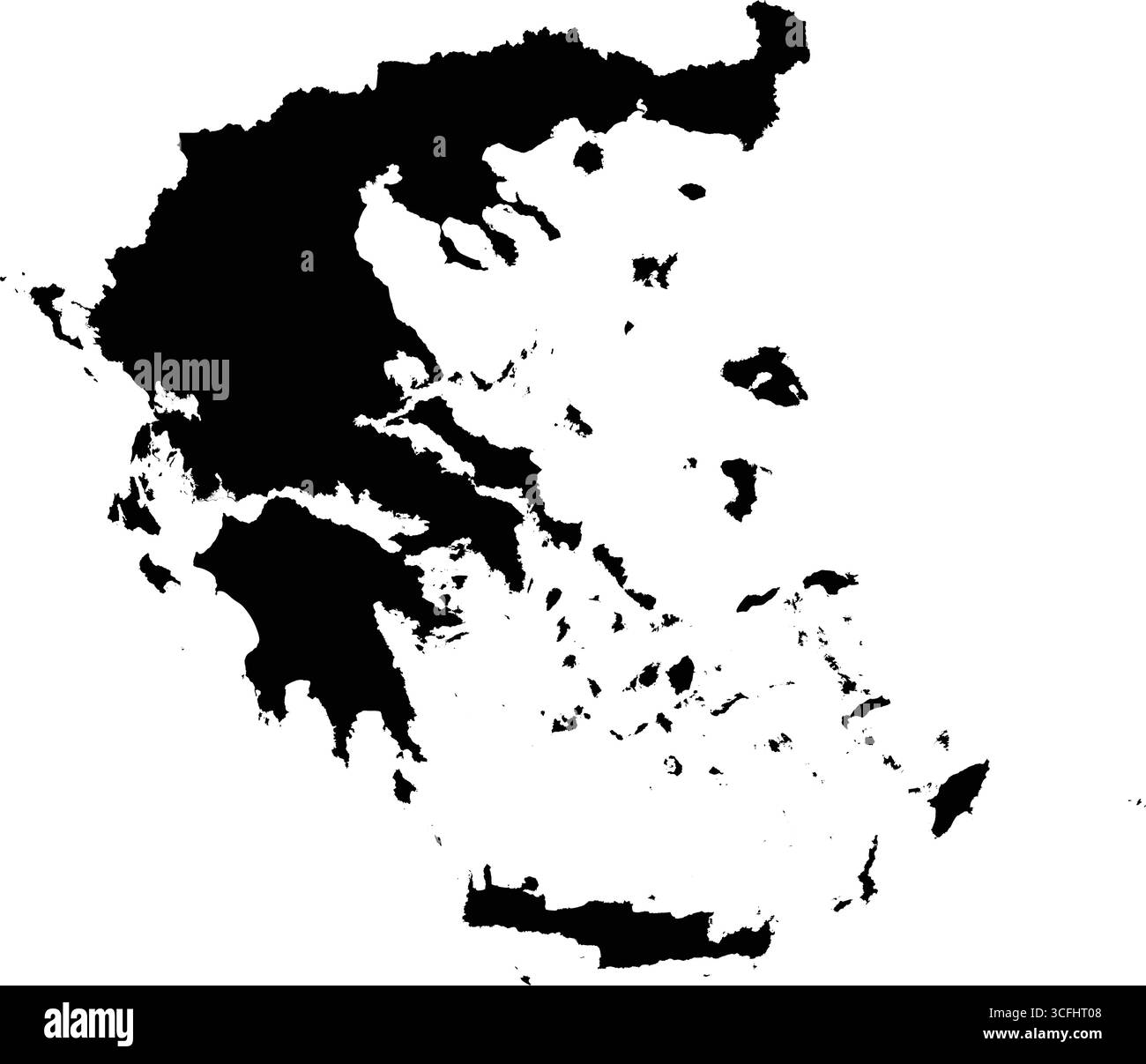 Carte vectorielle noire modifiable de la Grèce, montrant son continent, le Péloponnèse, les nombreuses îles de la mer Égée et de la mer Ionienne, et la Crète. Illustration de Vecteur