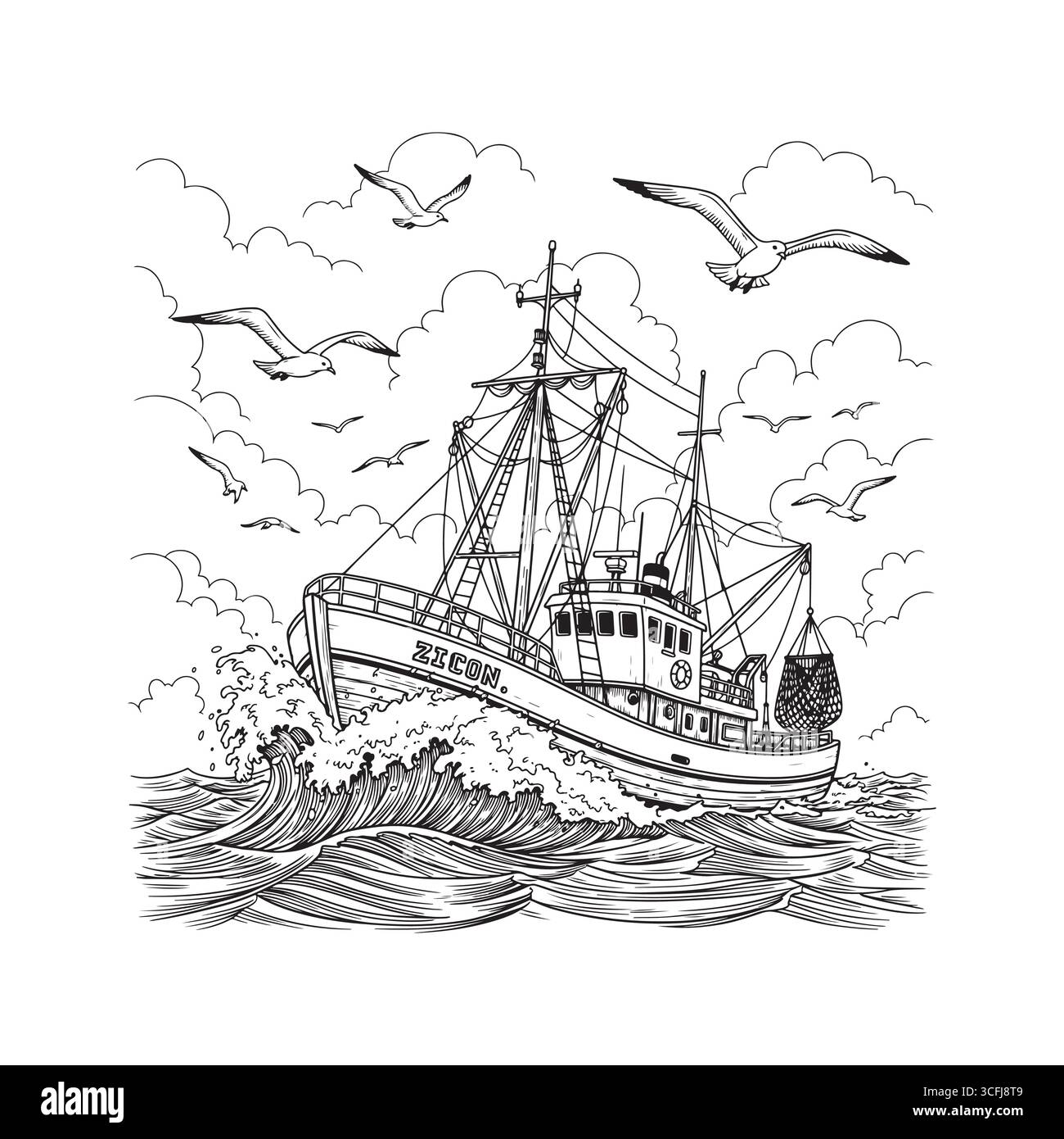 Dessin de ligne vintage d'un bateau de pêche combattant les vagues Illustration de Vecteur