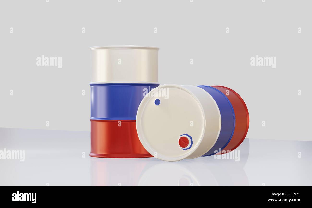 Rendu 3d isolé de barils de pétrole dans le drapeau pour le concept politique Banque D'Images
