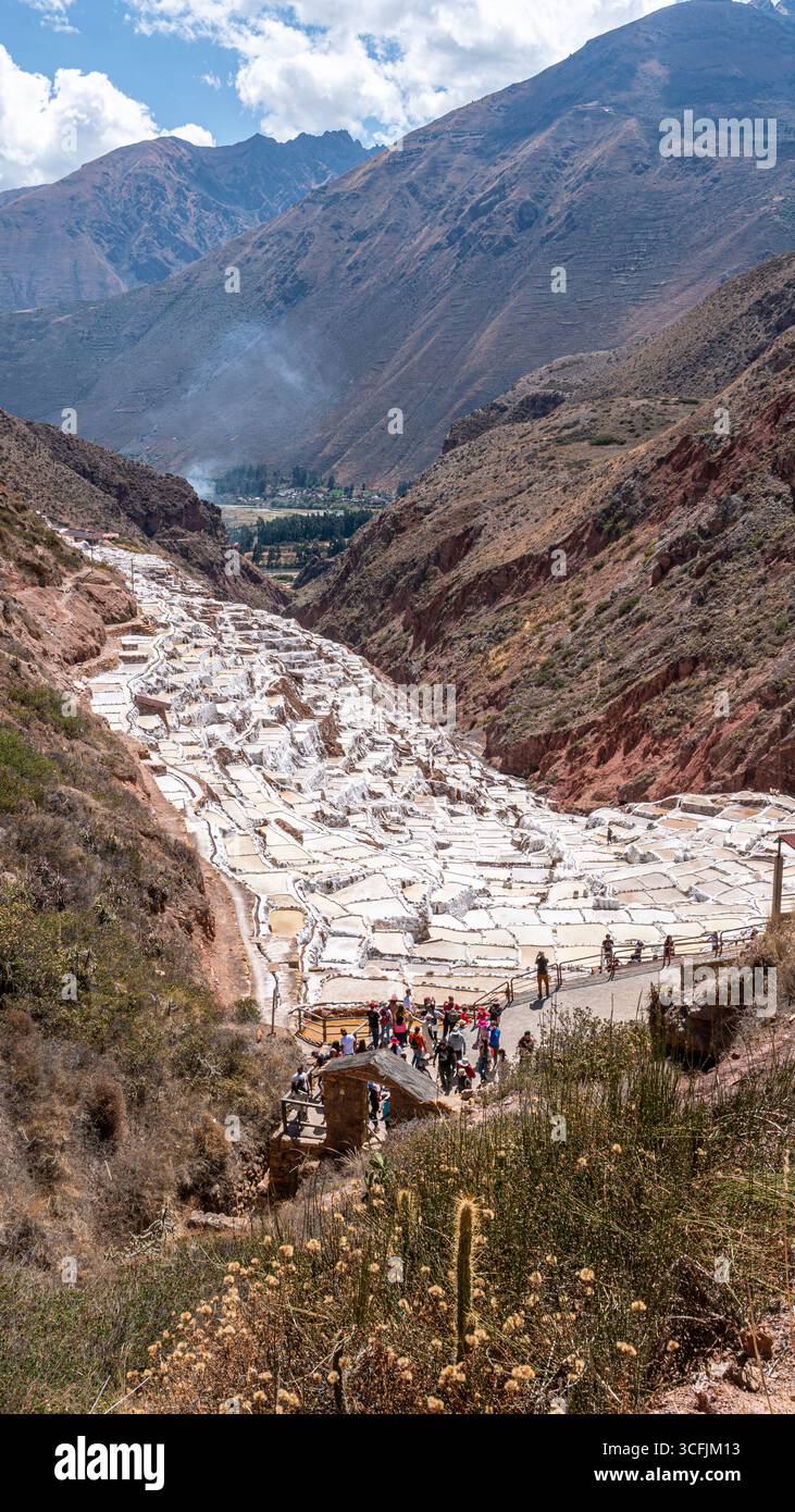 Vue aérienne des mines de sel de Maras à Cusco, Pérou. Célèbres bassins d'évaporation de sel en terrasses dans la Vallée sacrée, attraction touristique et culturelle populaire. Banque D'Images