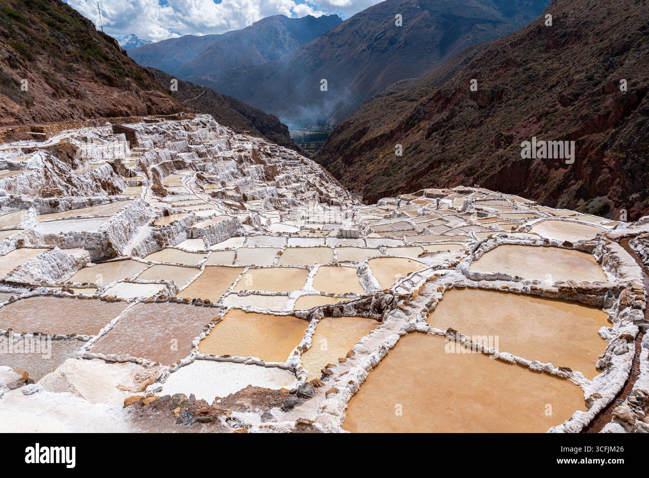 Maras terrasses d'étangs salants dans la Vallée sacrée, Pérou. Détail détaillé des piscines de sel géométriques utilisées depuis l'époque inca, site du patrimoine culturel et naturel. Banque D'Images