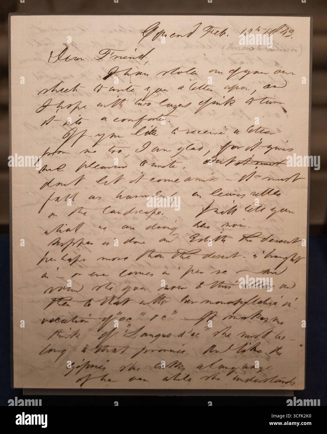 Lettre de Henry David Thoreau à Ralph Waldo Emerson le 10 février 1843 Banque D'Images