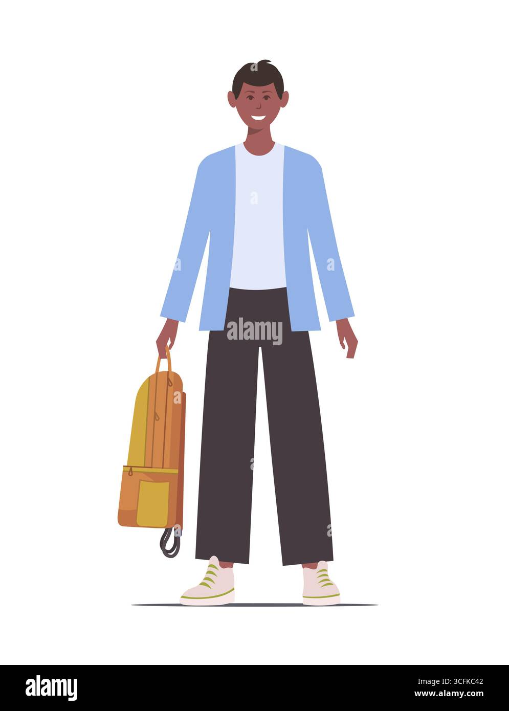 Heureux personnage d'écolier afro-américain debout avec un sac à dos à la main. Concept d'éducation, d'étude et d'enfance. Vecteur non généré par IA Banque D'Images