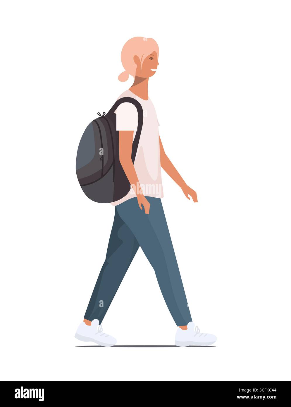 Un jeune écolier aux cheveux blonds marchant. Un adolescent heureux avec sac à dos gris sur fond blanc. Vecteur non généré par IA Banque D'Images