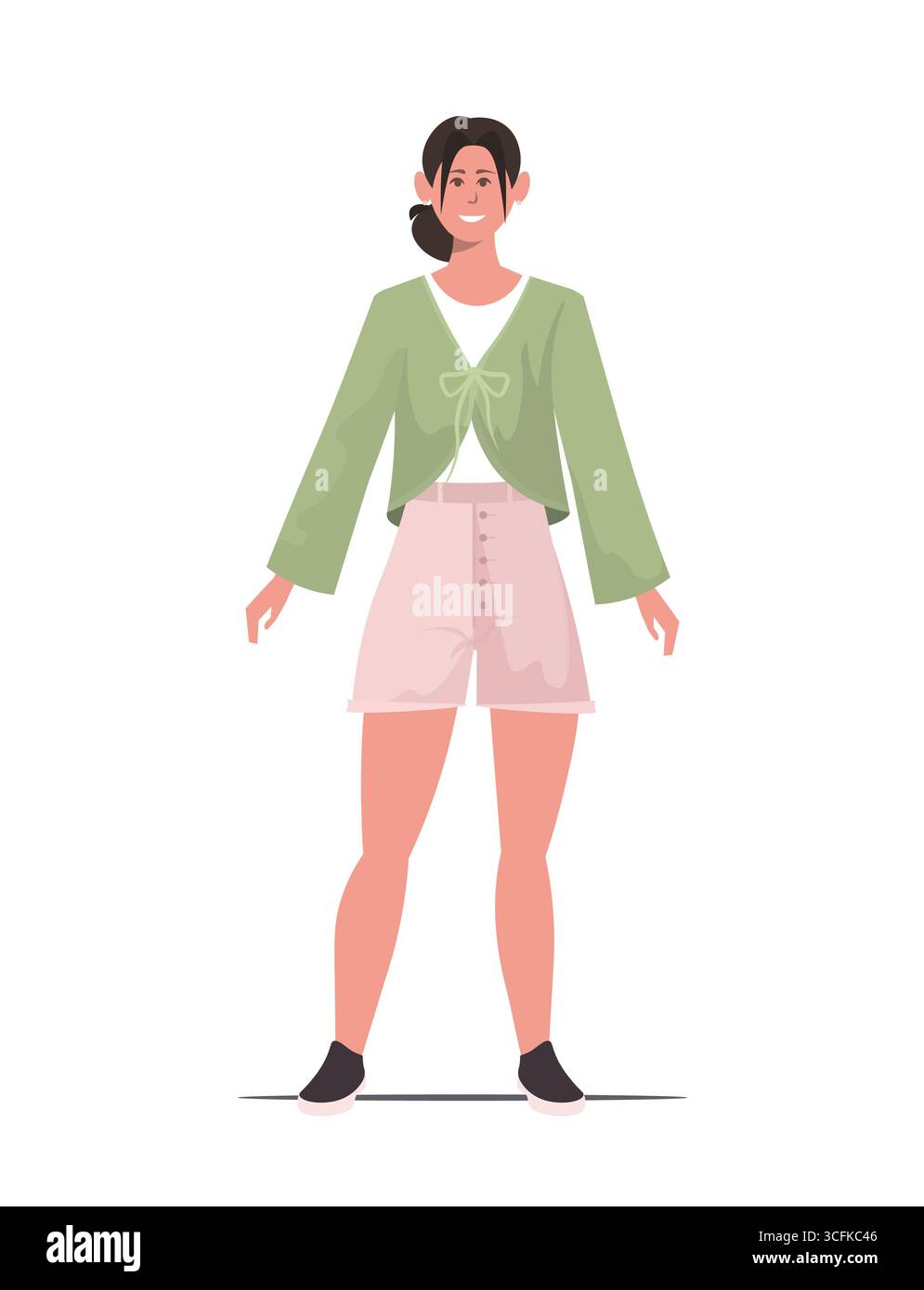 Heureux étudiant adolescent habillé décontracté dans une veste verte, un haut blanc et un short beige. Concept de retour à l'école. Vecteur non généré par IA Banque D'Images