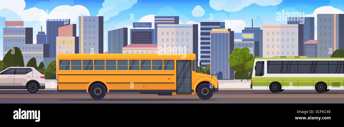 Illustration de paysage urbain avec un autobus scolaire jaune et une circulation routière très fréquentée. Vie urbaine. Vecteur non généré par IA Banque D'Images