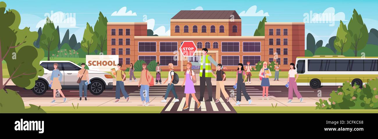 Un homme dans un gilet réfléchissant tient un panneau stop près d'une école primaire, aidant les enfants à traverser les rues animées en toute sécurité. Concept de retour à l'école. Vecteur non Banque D'Images