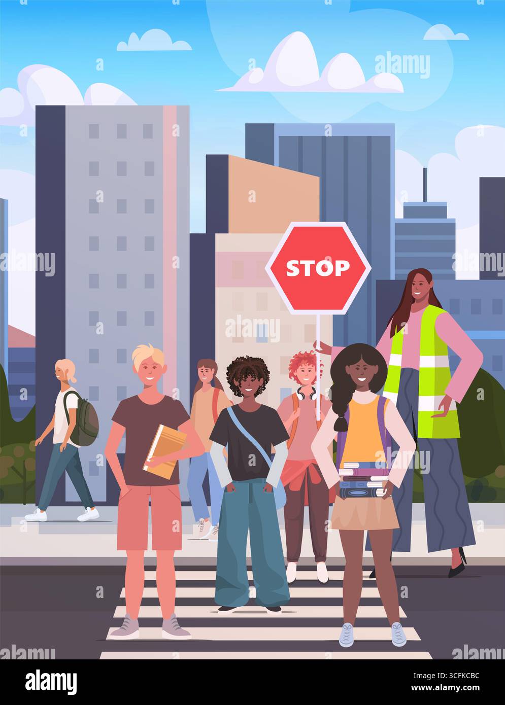 Groupe d'étudiants avec des sacs à dos traversent la rue. Portant un gilet réfléchissant, une femme afro-américaine veille à ce que les enfants traversent les rues animées en toute sécurité avec le h. Banque D'Images