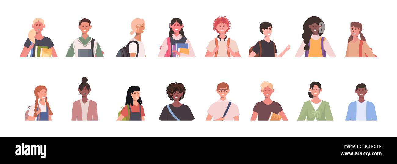 Ensemble d'avatars d'enfants d'école primaire. Collection de portraits d'enfants heureux. Vecteur non généré par IA Banque D'Images