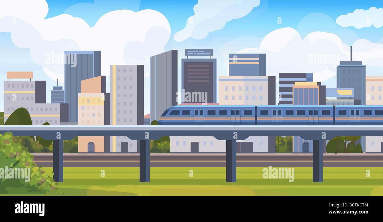 Paysage de ville avec train. Train se déplaçant sur un pont. Transports en commun. Illustration vectorielle. Non généré par IA Banque D'Images