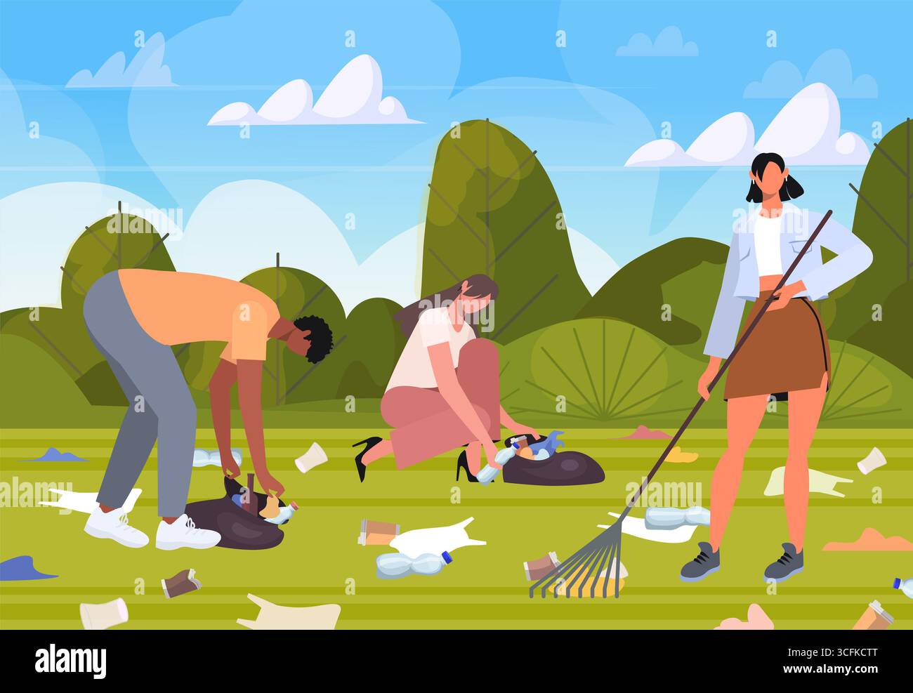Pollution plastique de l'environnement. Des bénévoles avec des sacs poubelles nettoient les déchets, les déchets pour les recycler dans la forêt ou le parc. Vecteur non généré par IA Banque D'Images