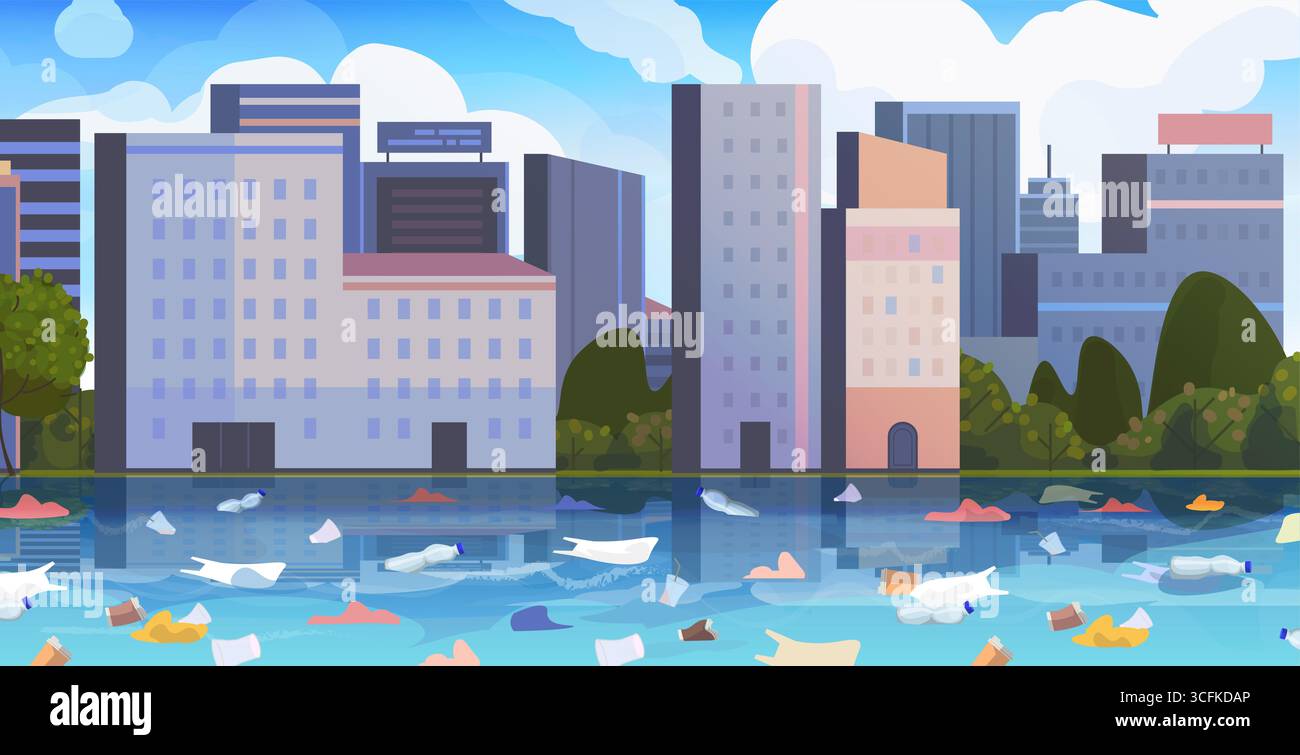 Paysage urbain surplombant les eaux polluées remplies de déchets plastiques. Vecteur non généré par IA Banque D'Images