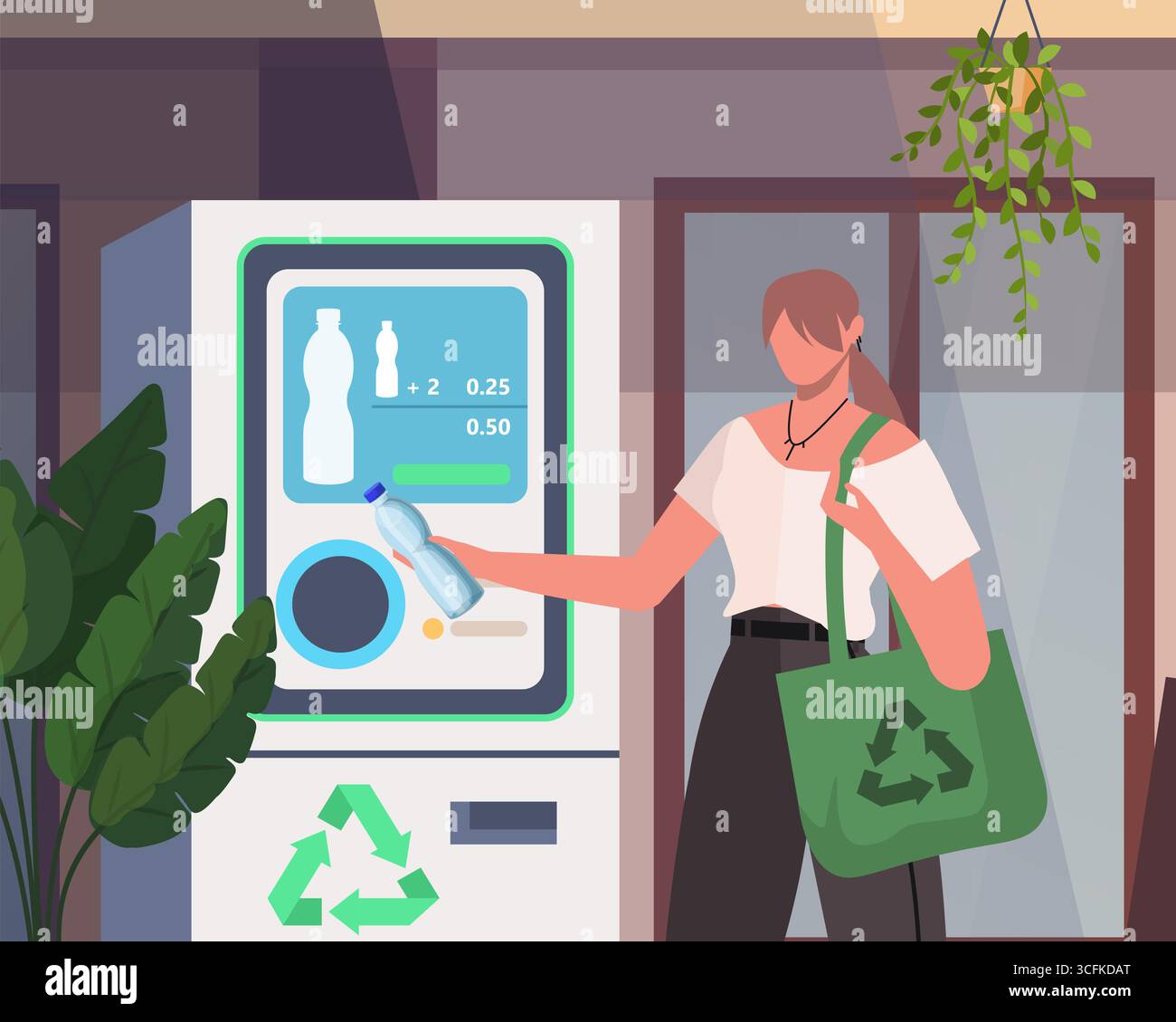 Femme consciente de l'environnement utilisant la machine de recyclage de bouteille. Recyclage et réutilisation du plastique. Illustration vectorielle non générée par IA Banque D'Images
