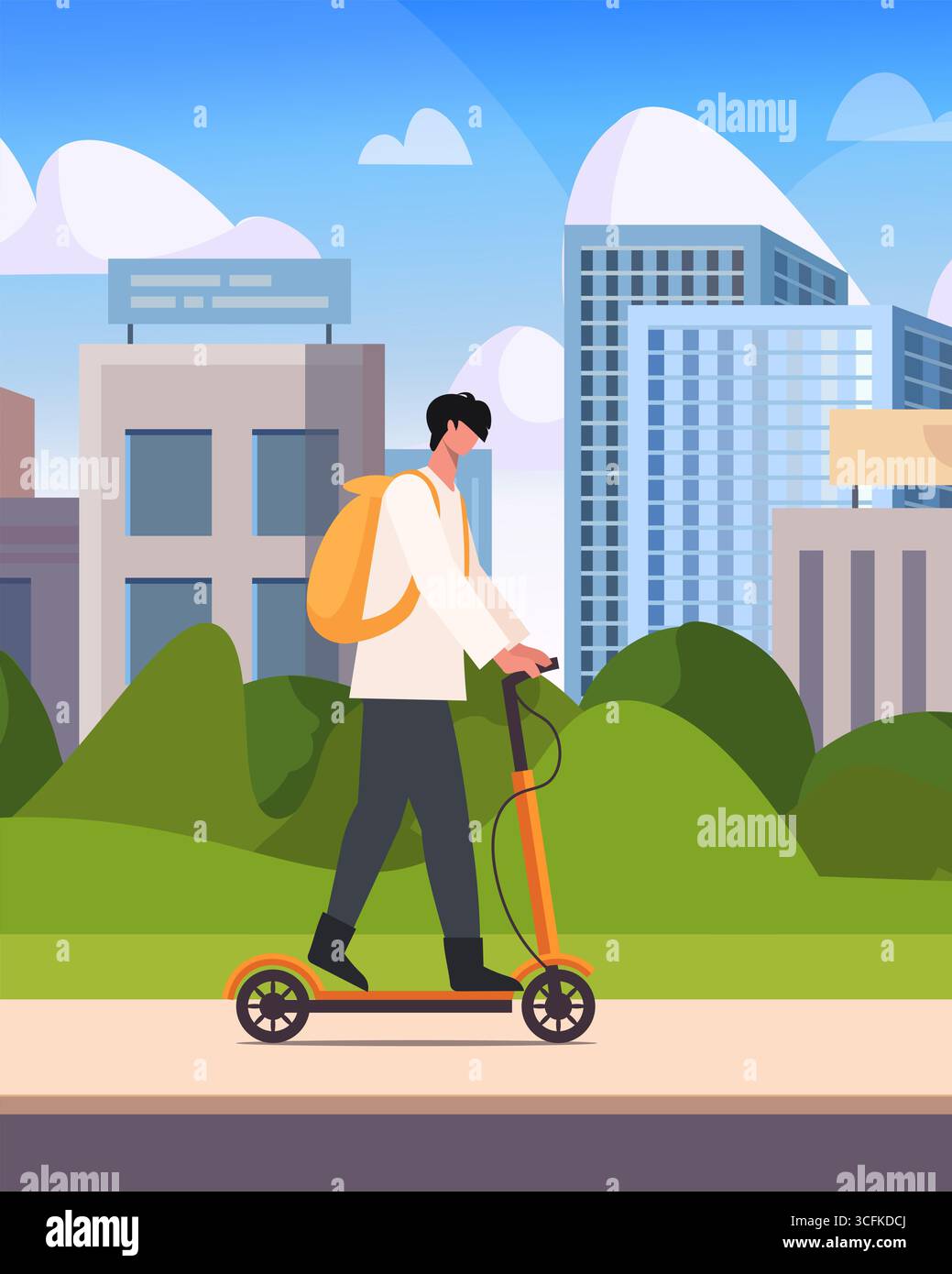 Jeune homme naviguant dans les rues sur un scooter électrique compact. Transport personnel écologique pour les déplacements urbains. Vecteur non généré par IA Banque D'Images