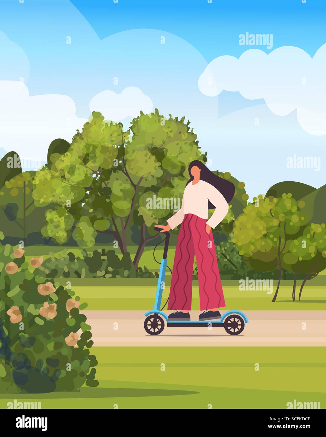 Jeune femme active chevauchant scooter de marche électrique dans le parc à la journée ensoleillée d'été. Personnage féminin moderne conduisant des transports urbains écologiques. Vecteur non ai Gener Banque D'Images