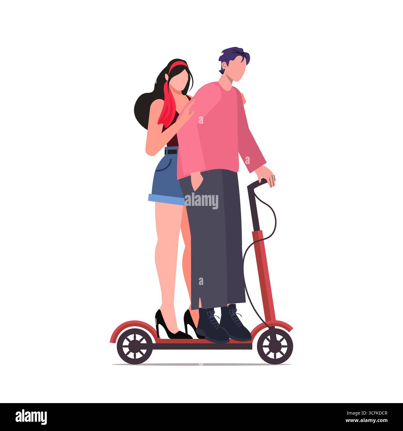 Un couple chevauchant ensemble sur un scooter électrique, transport électrique urbain moderne embrassant une vie écologiquement responsable. Véhicule urbain ECO. Vect Banque D'Images