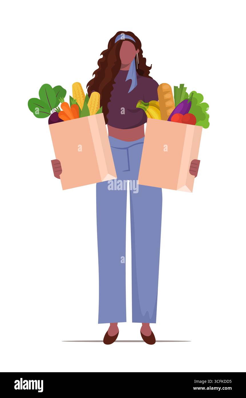 Femme afro-américaine tenant deux sacs d'épicerie en papier réutilisables. Ses sacs regorgent de produits frais de la ferme et de choix sains illustration vectorielle non IA Banque D'Images
