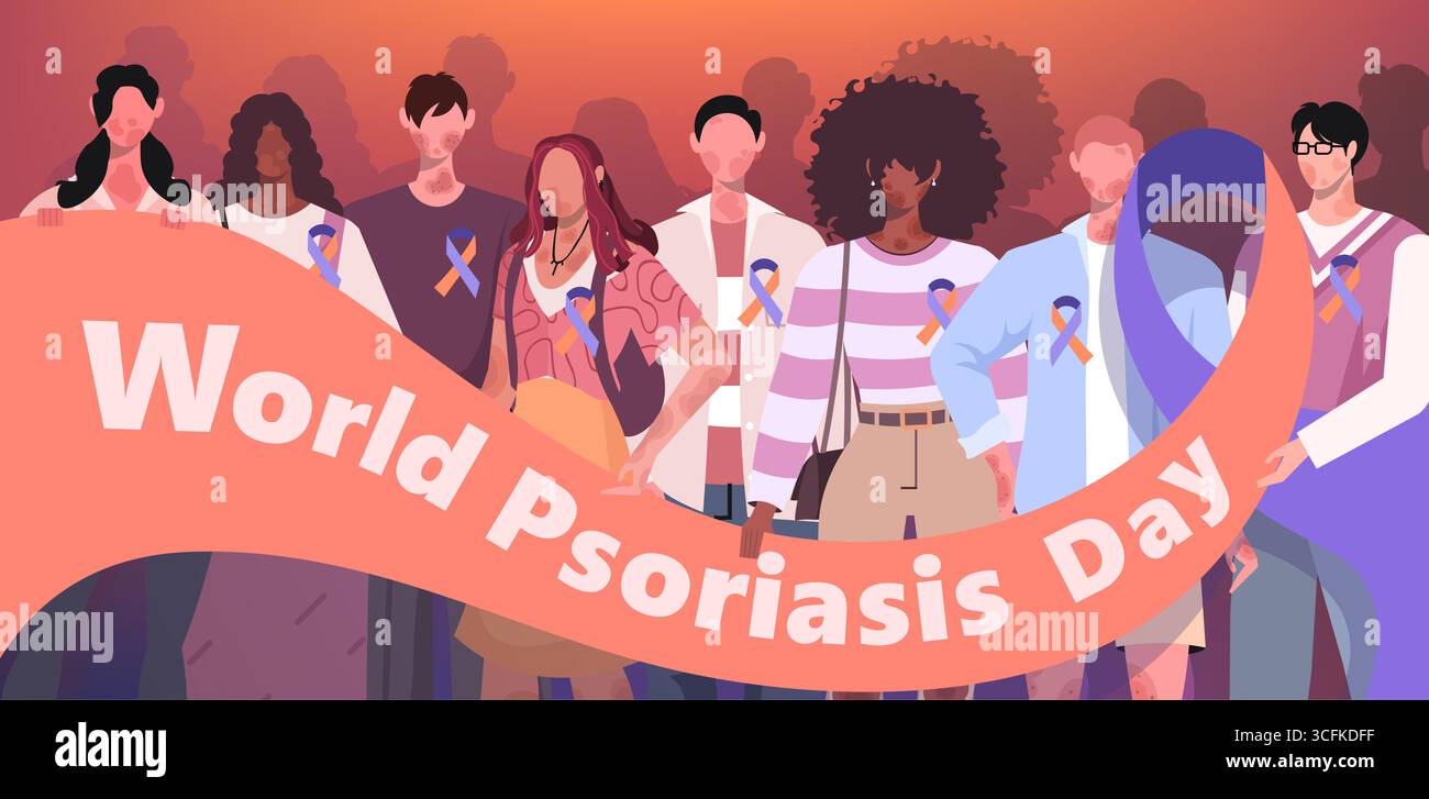 Journée mondiale du psoriasis. Maladies de la peau. Groupe de personnes tenant un ruban violet et orange. Vecteur non généré par IA Banque D'Images