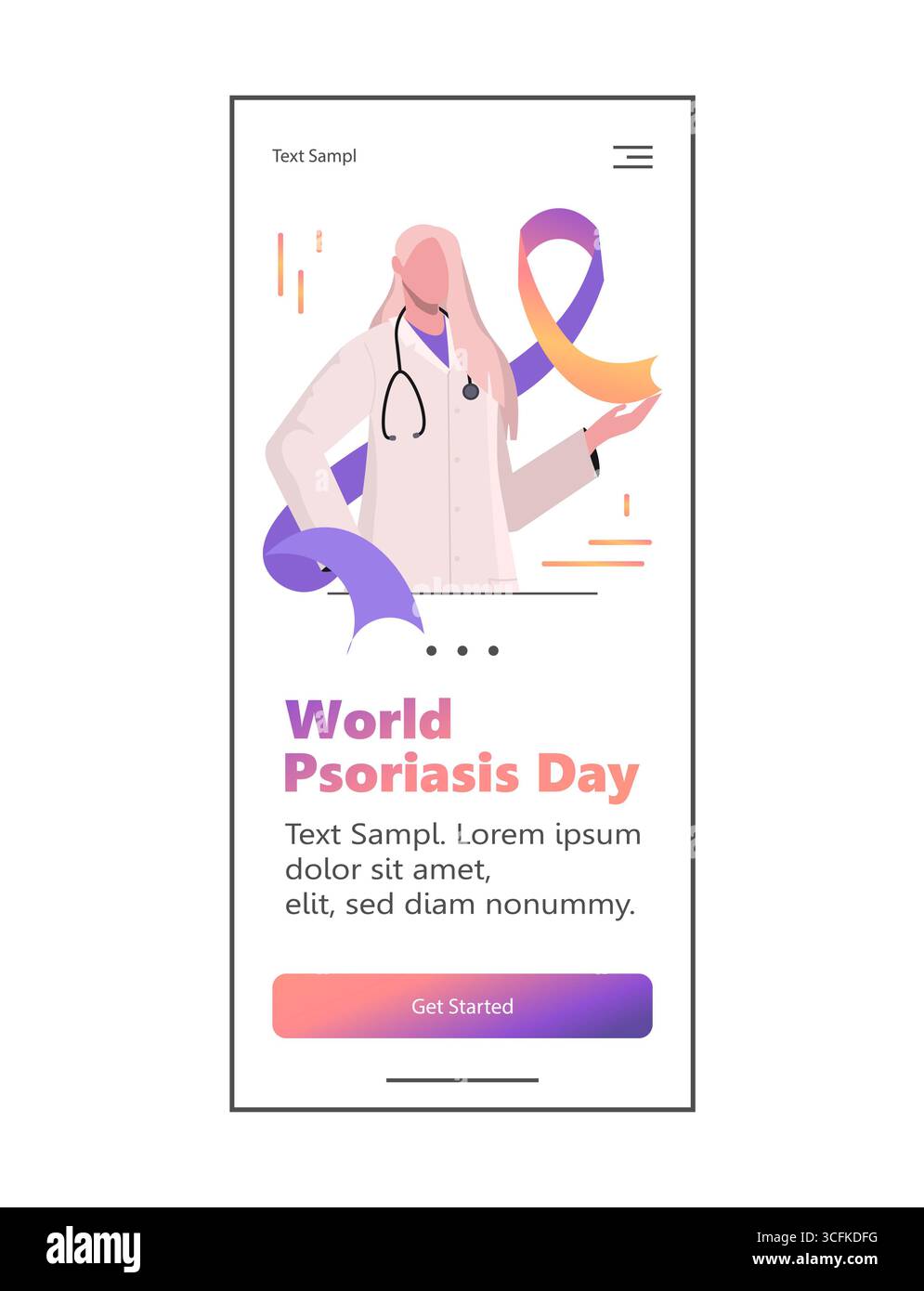 Journée mondiale du psoriasis. Portrait de femme médecin en uniforme médical blanc présentant et tenant un ruban violet et orange. Conception Web et templat mobile Banque D'Images