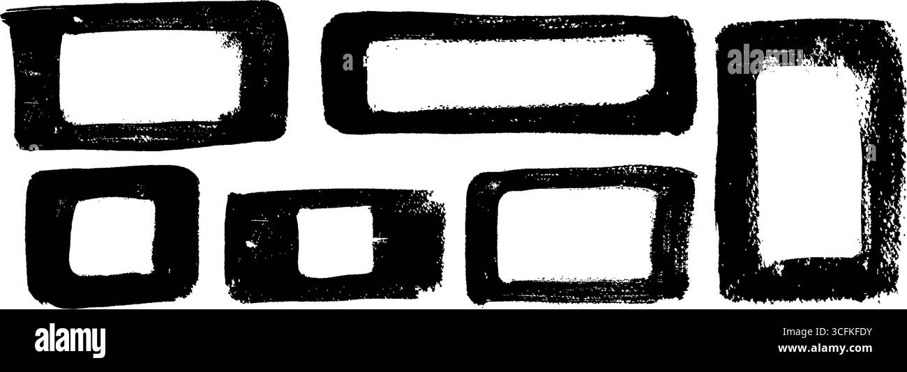 Ensemble de cadres de zone de texte irrégulière noire dans le style vectoriel, créé avec de la cire, du crayon, du pastel, de la craie, et charbon de bois. Les enfants gribouillent Illustration de Vecteur