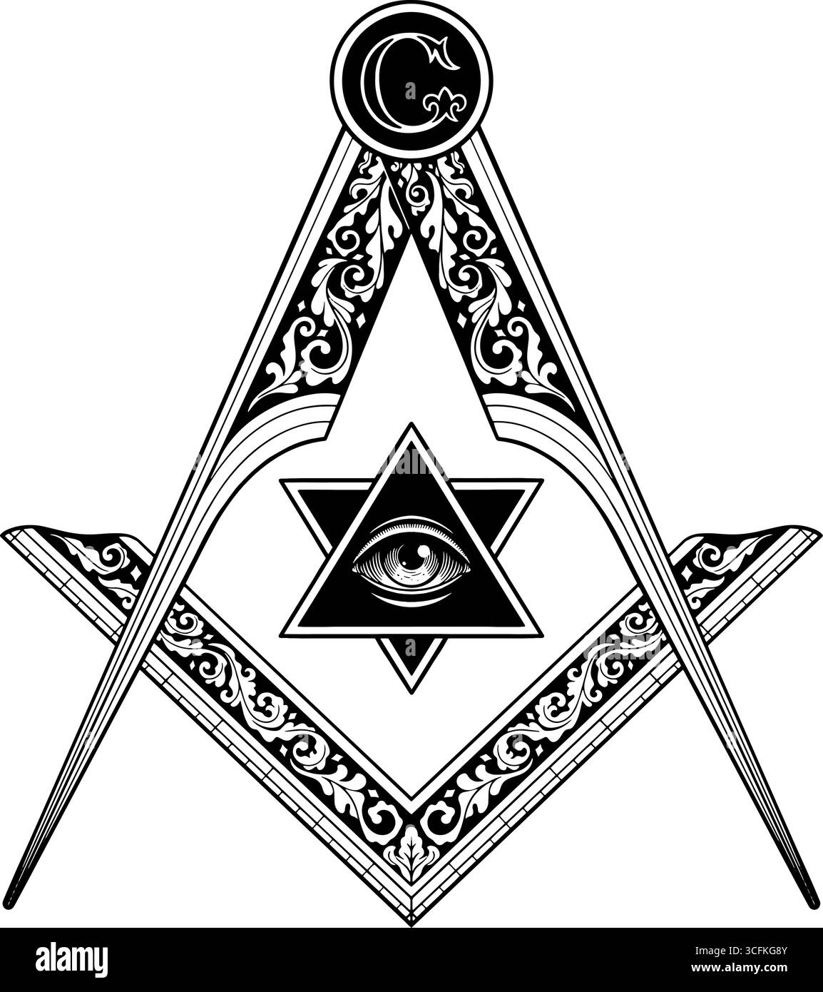 Tous voient la pyramide des yeux, le symbole Illuminati, la place des sociétés secrètes et la boussole Illustration de Vecteur