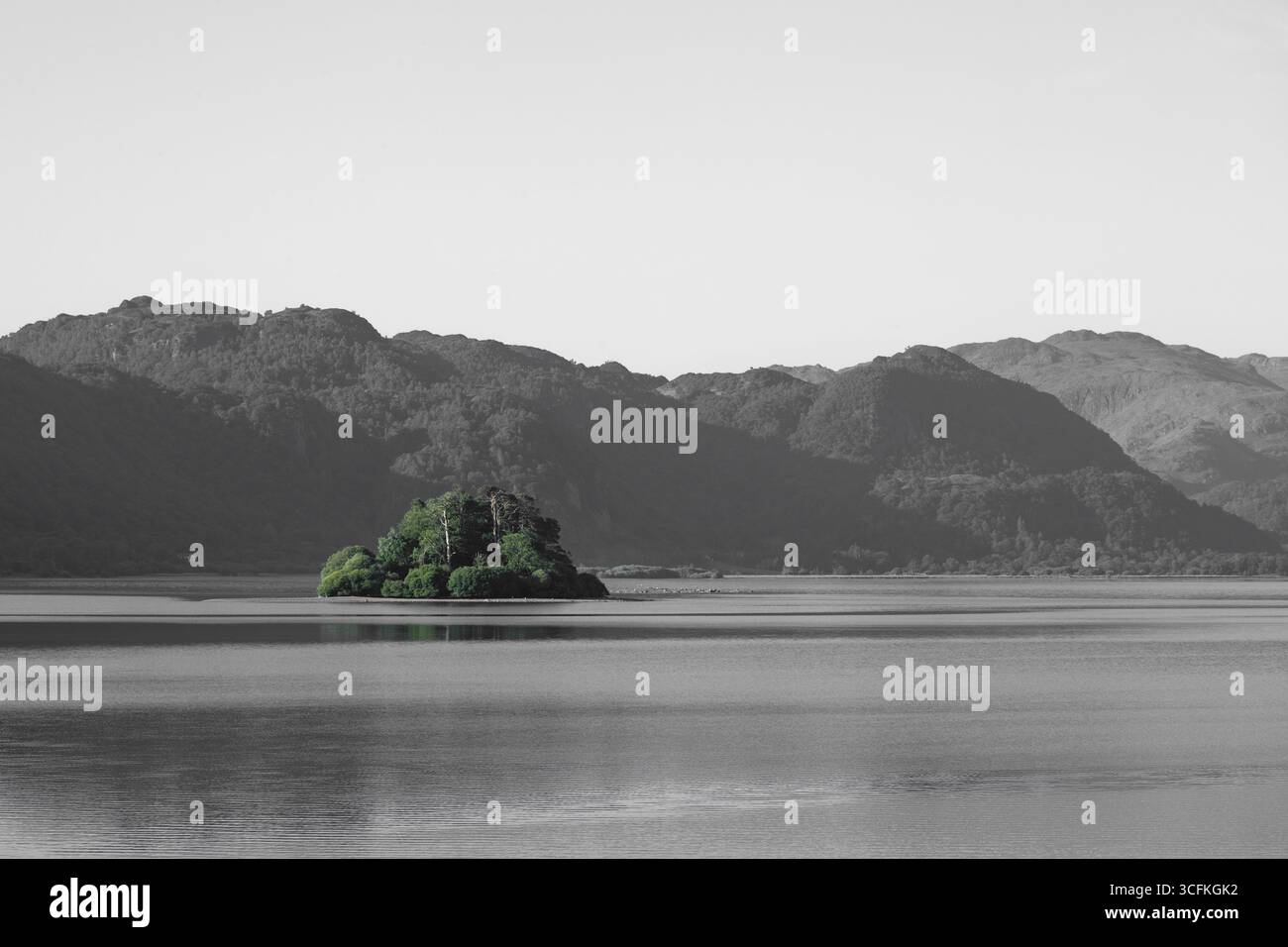 Une île verte solitaire contraste fortement avec les tons doux d'un lac calme et la chaîne de montagnes environnante en niveaux de gris Banque D'Images
