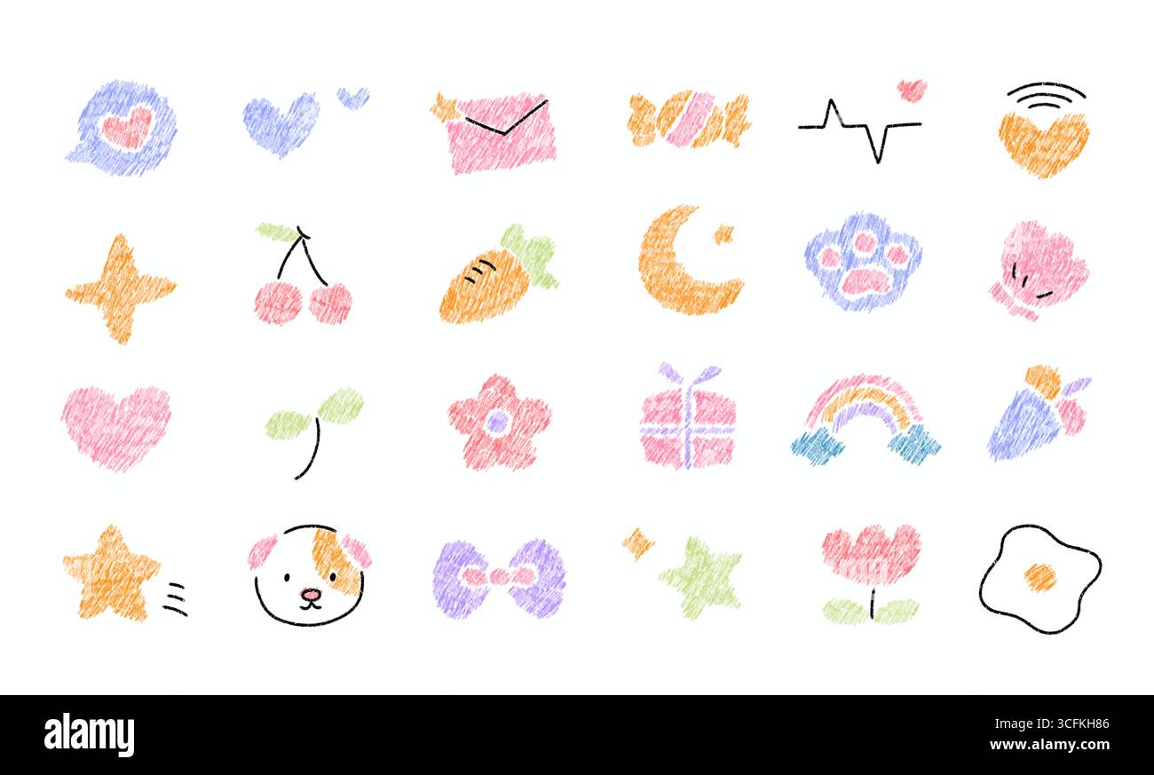 personnages de dessins animés mignons, lettres d'amour, coeurs, fleurs et autocollants d'icônes romantiques Banque D'Images