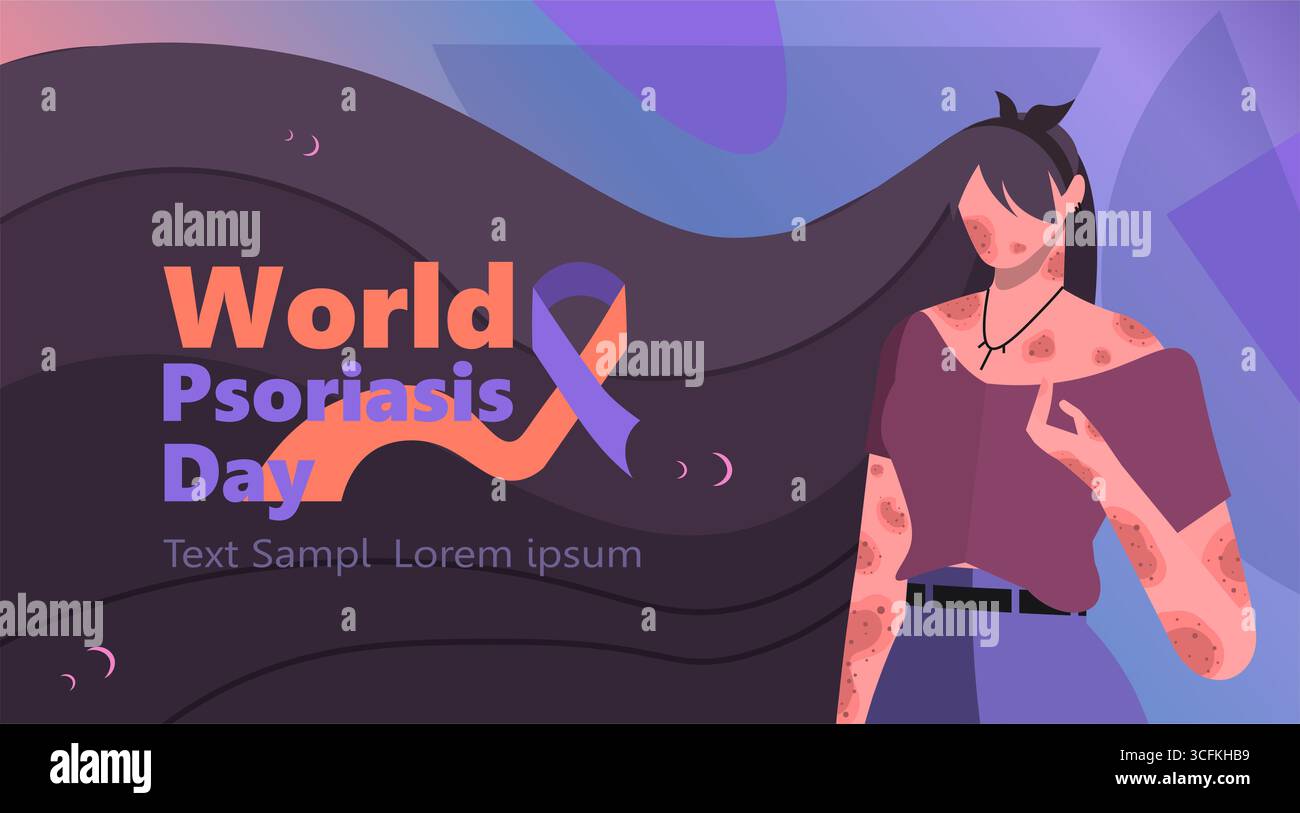 La Journée mondiale du psoriasis est observée chaque année en octobre. Une femme souffre d'allergie, de psoriasis, de dermatite ou d'eczéma. Vecteur non généré par IA Banque D'Images