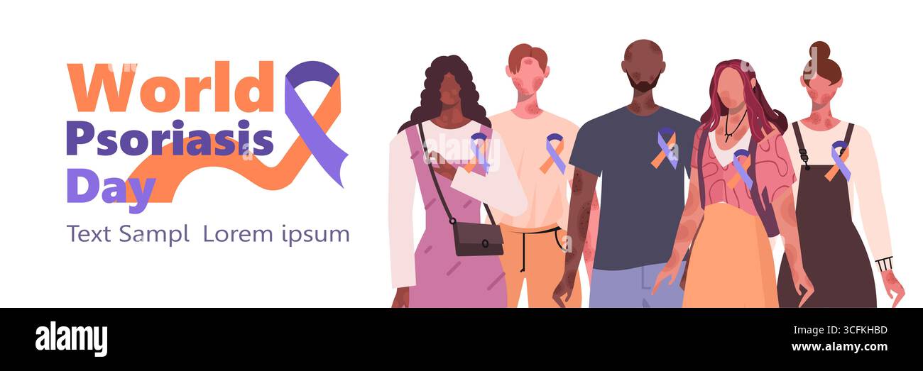 Les jeunes et modernes célèbrent la Journée mondiale du psoriasis. Illustration pour sensibiliser aux problèmes de peau comme l'eczéma, les éruptions cutanées et le psoriasis. Vecteur non A Banque D'Images