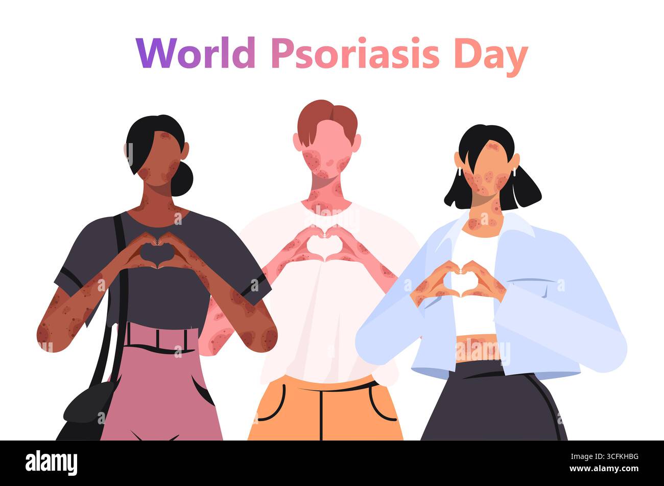 Un groupe diversifié de personnes atteintes de maladies de la peau se réunit, formant une forme de cœur avec leurs mains pour sensibiliser à la Journée mondiale du psoriasis. V Banque D'Images