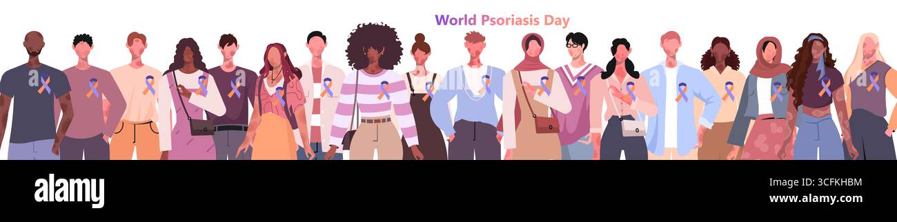 Bannière de la Journée mondiale du psoriasis. Groupe de personnes avec des rubans violets et orange. Éruption cutanée, psoriasis, dermatite ou eczéma. Vecteur non généré par IA Banque D'Images