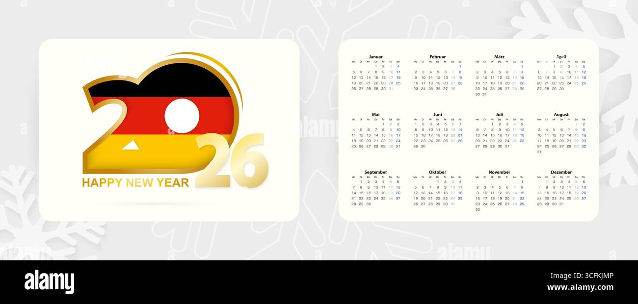 Calendrier horizontal de poche 2026 en langue allemande. Nouvel an 2026 icône avec drapeau de l'Allemagne. Calendrier vectoriel. Illustration de Vecteur