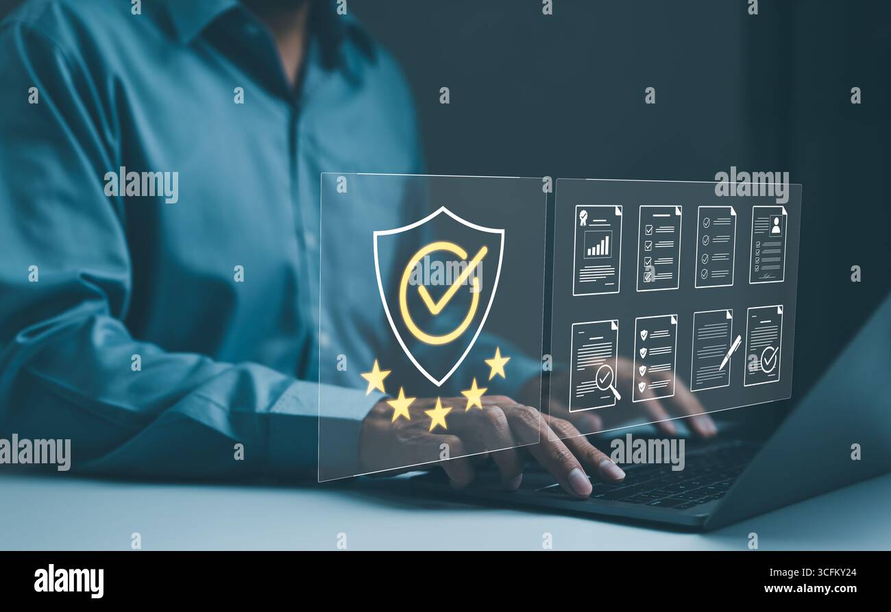 Services d'évaluation professionnelle des entreprises, mettant en évidence l'assurance qualité avec un cinq étoiles. garantie d'assurance de certification de contrôle qualité standard Banque D'Images