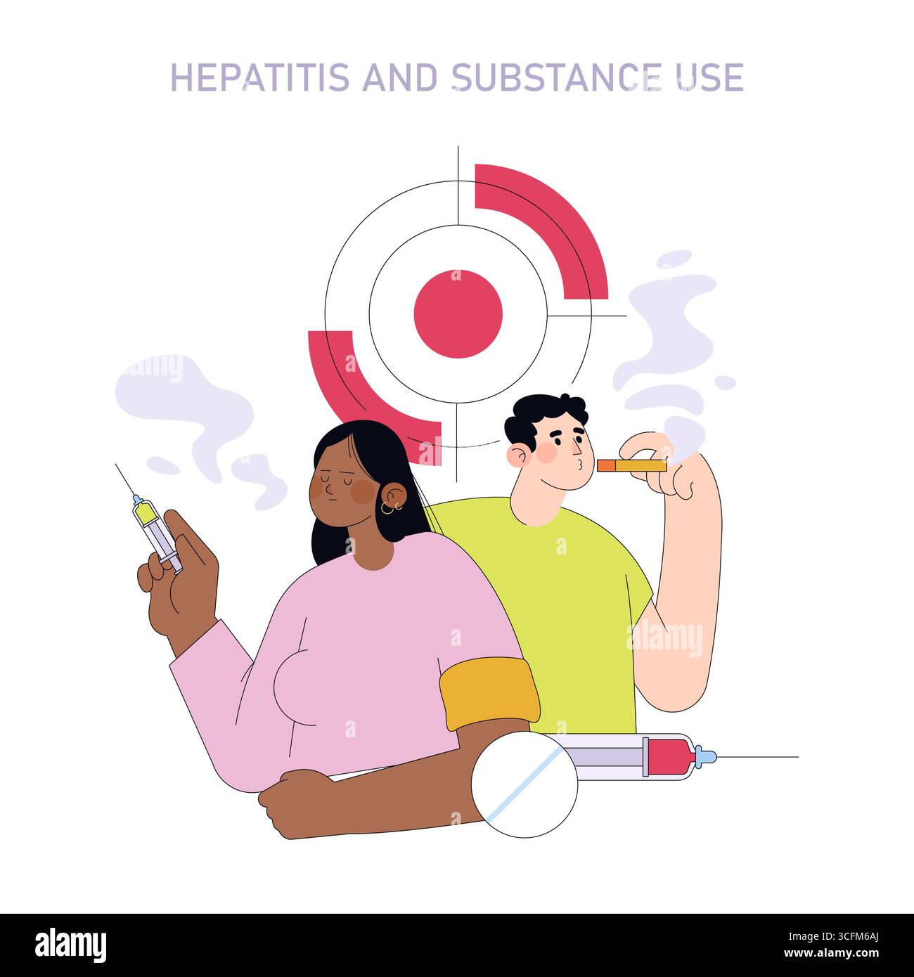 Illustration vectorielle illustrant la consommation de substances et le risque d'hépatite chez deux personnes impliquées dans des activités liées à la drogue. L'un tient une seringue, l'autre vapes, soulignant les problèmes de santé potentiels. Illustration de Vecteur