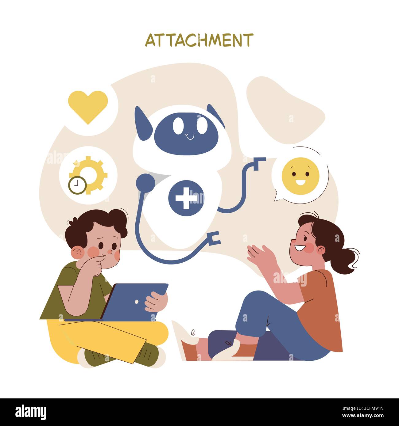 Illustration vectorielle d'un robot amical s'engageant avec deux enfants joyeux, montrant des émotions de curiosité et de bonheur. Le garçon tient une tablette, ajoutant un élément d'apprentissage numérique. Illustration de Vecteur