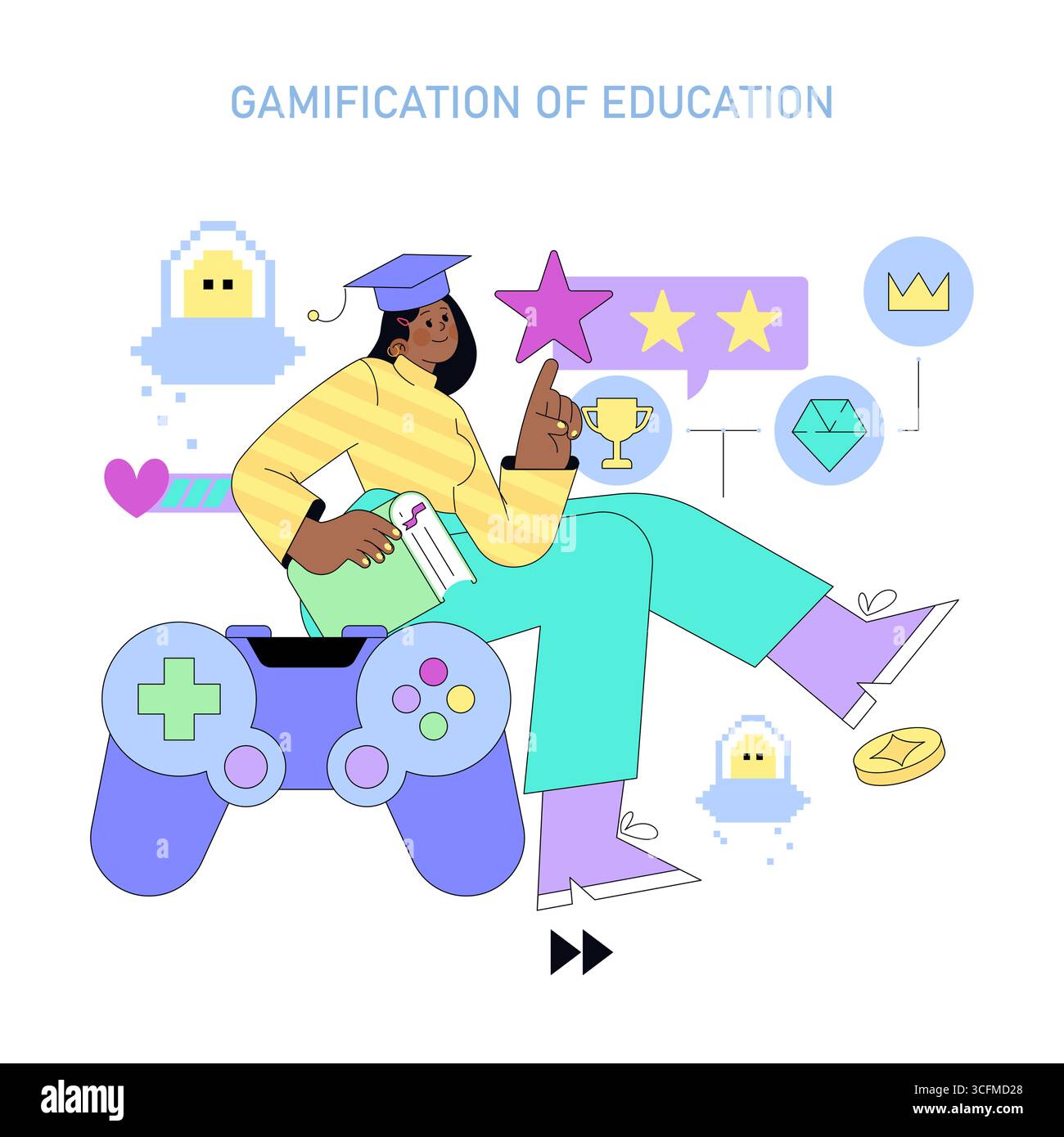L'illustration vectorielle met en évidence la gamification dans l'éducation mettant en vedette une personne avec une casquette de remise de diplôme, un livre d'instruction, entourée d'icônes de jeu comme un joystick, une étoile et un trophée. Illustration de Vecteur