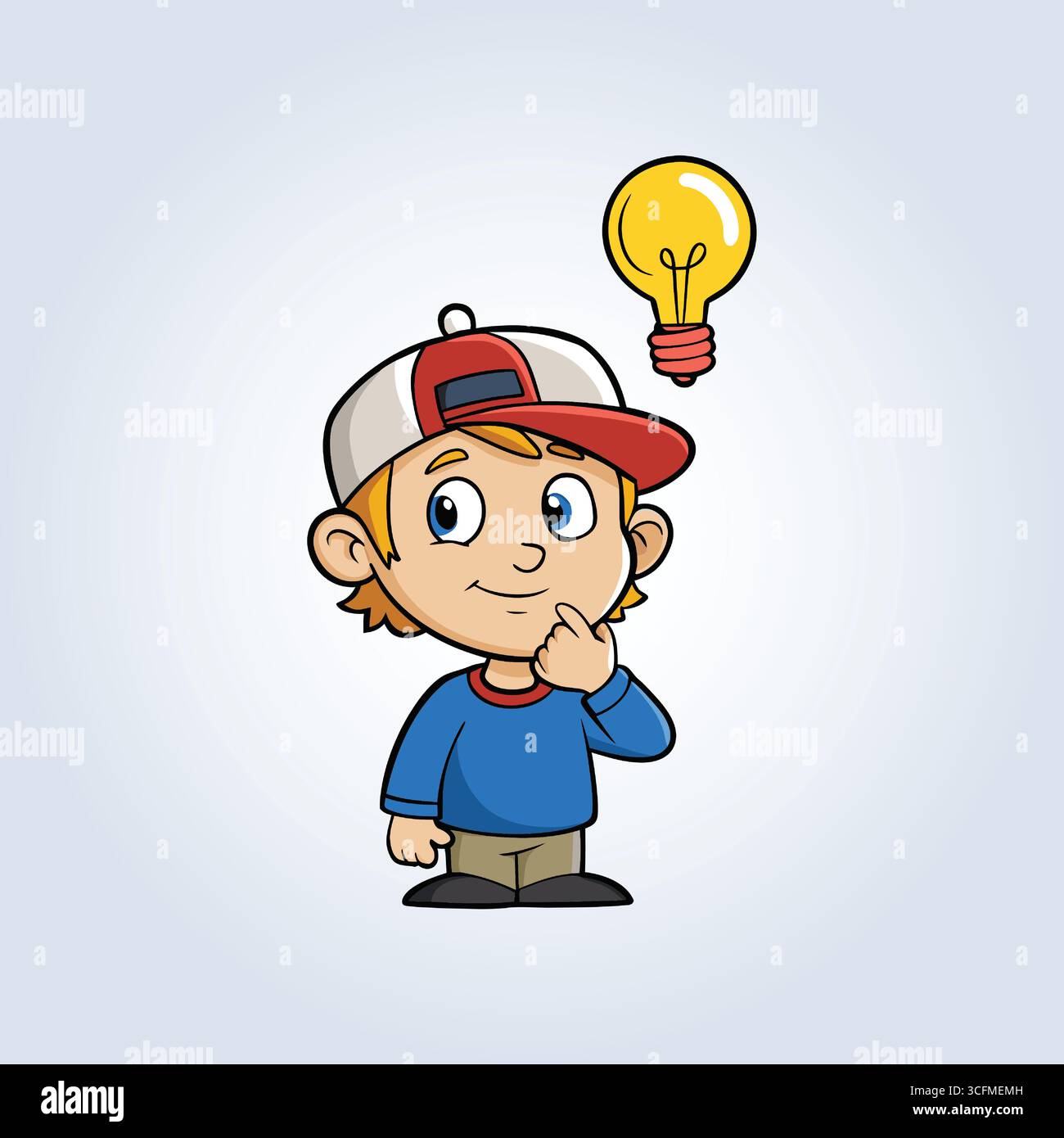 Une illustration d'un garçon portant un chapeau et pensant idée et ampoule Illustration de Vecteur