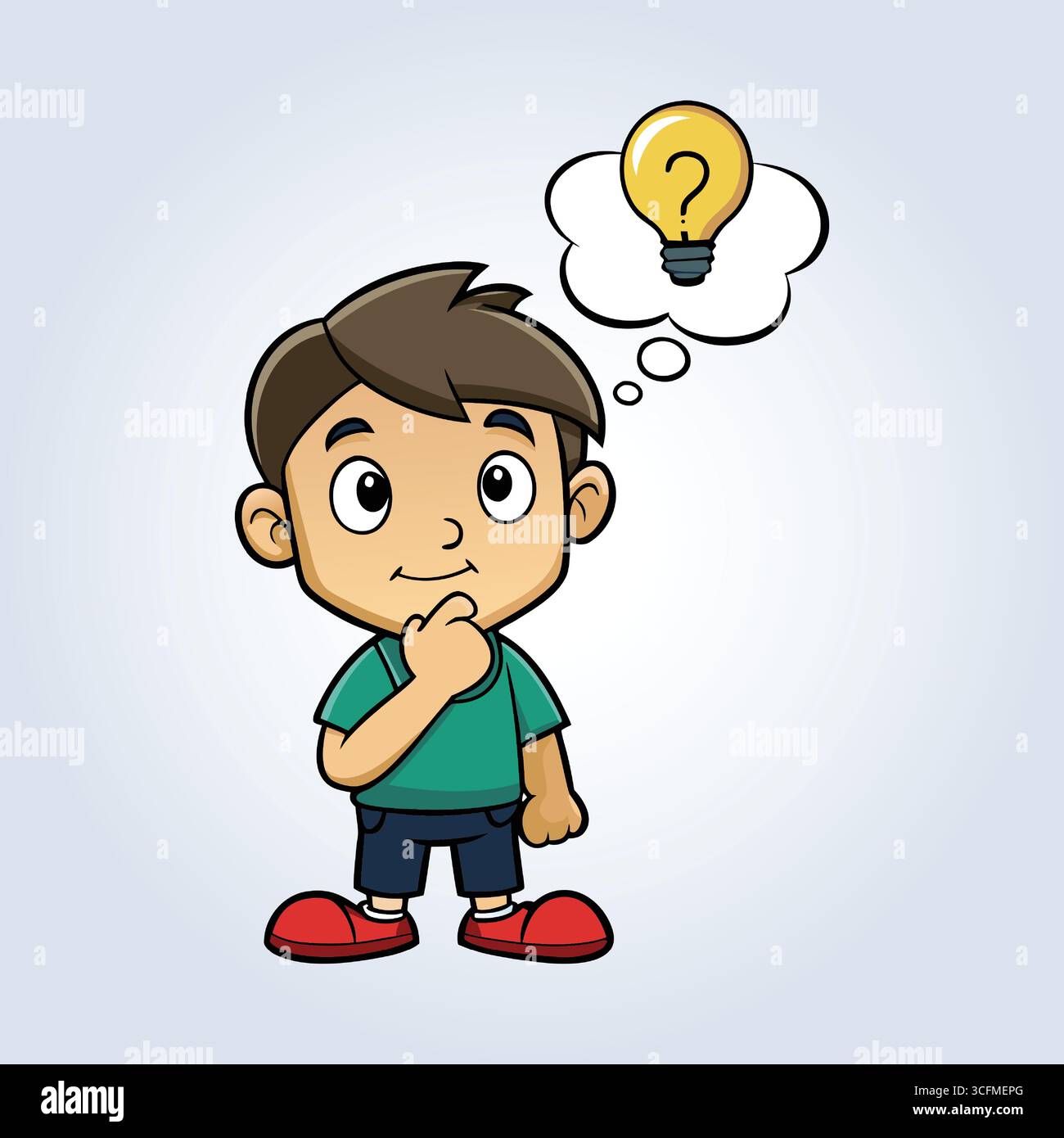 Une illustration d'un garçon pensant idée et ampoule Illustration de Vecteur