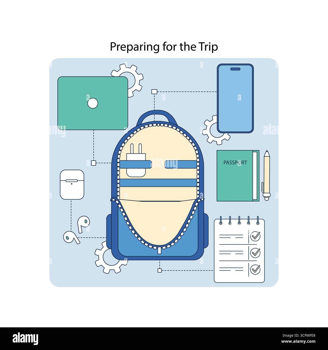 Les essentiels de préparation de voyage, y compris un sac à dos, un ordinateur portable, un smartphone, un passeport et une liste de contrôle. Illustration vectorielle présentant des éléments de planification de voyage organisés sur un fond bleu clair. Illustration de Vecteur