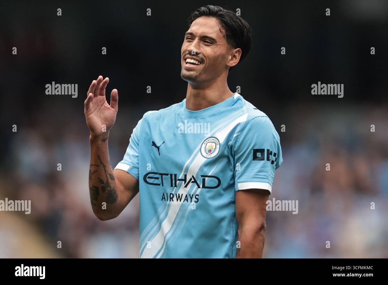 Manchester, Royaume-Uni. 23 août 2025. Tijjani Reijnders de Manchester City réagit lors du match de premier League Manchester City vs Tottenham Hotspur au stade Etihad, Manchester, Royaume-Uni, le 23 août 2025 (photo Mark Cosgrove/News images) à Manchester, Royaume-Uni, le 23/08/2025. (Photo de Mark Cosgrove/News images/SIPA USA) crédit : SIPA USA/Alamy Live News Banque D'Images