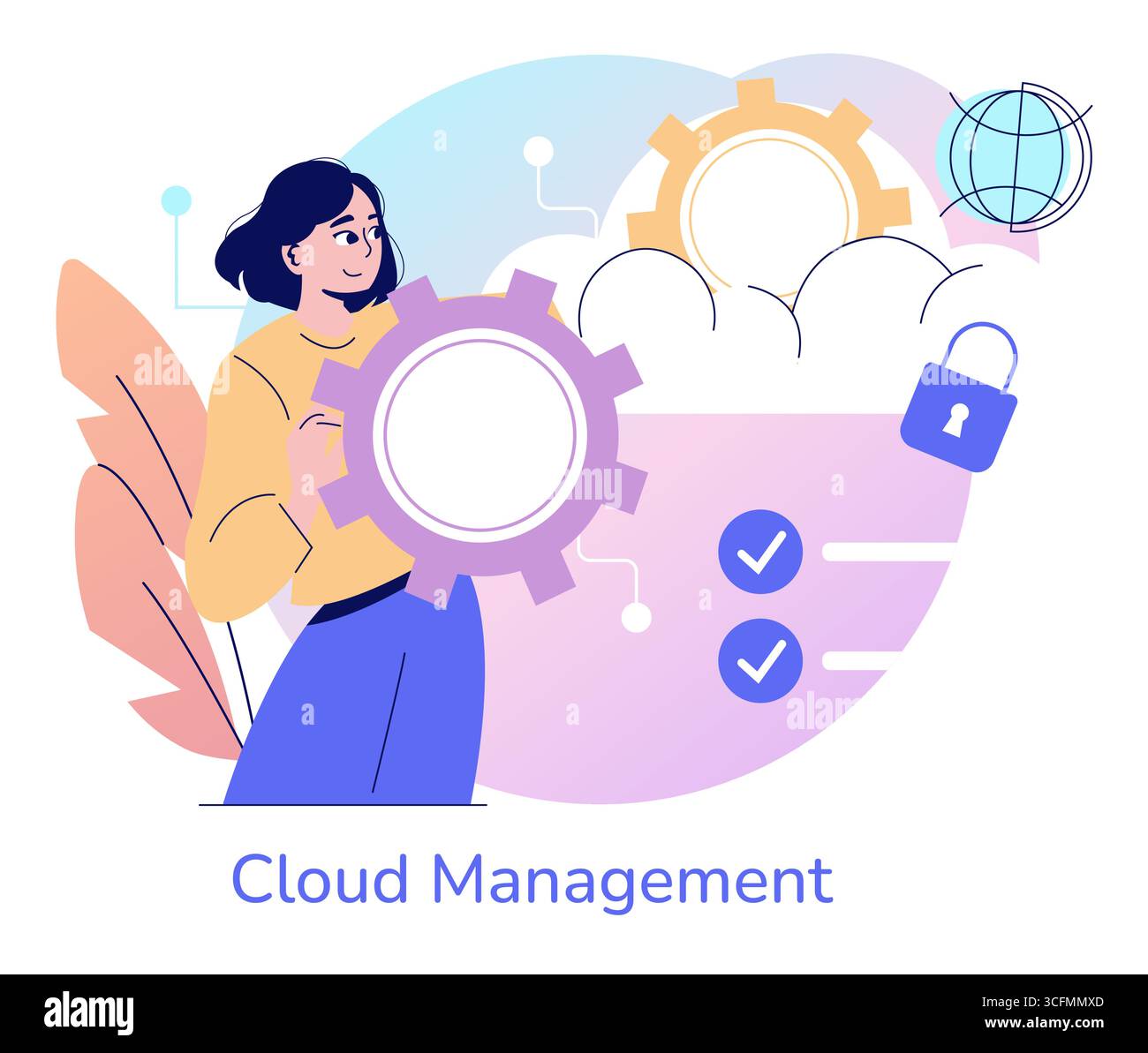 Illustration vectorielle représentant une femme interagissant avec des symboles de gestion du cloud tels que les engrenages et les verrous, mettant l'accent sur la sécurité des données et l'efficacité opérationnelle. Idéal pour les ressources numériques. Illustration de Vecteur