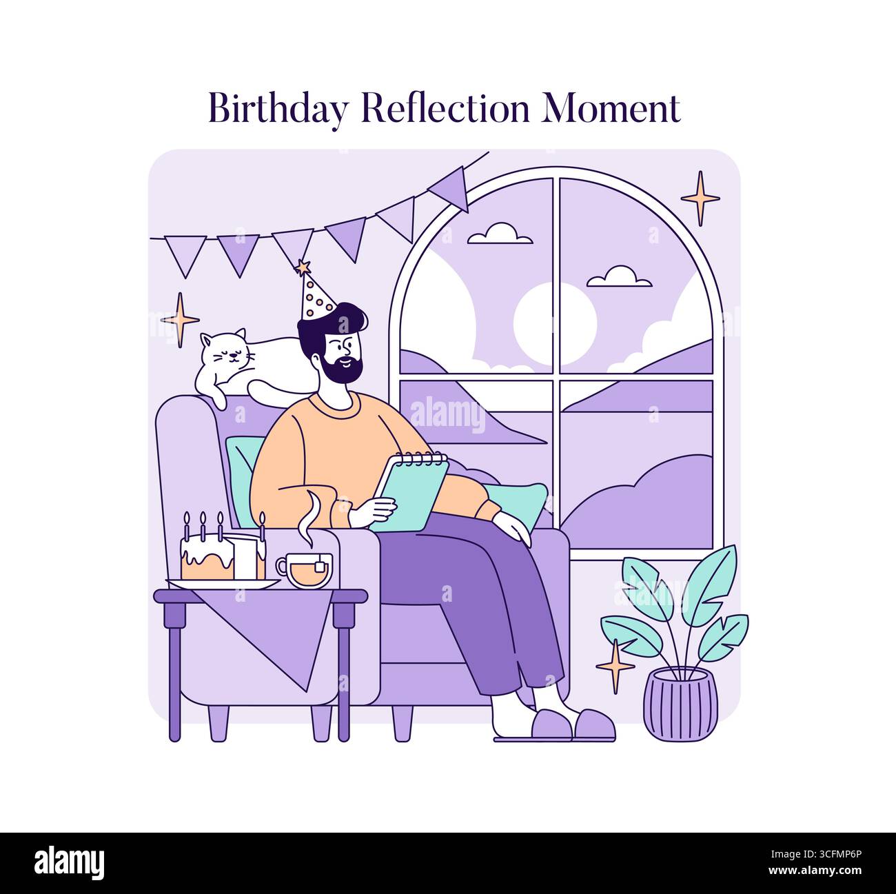 Illustration vectorielle d'une personne dans un chapeau de fête reflétant avec un cahier sur un anniversaire. Un chat est assis à proximité tandis qu'un gâteau et une boisson reposent sur une table à côté d'eux sous des décorations festives. Illustration de Vecteur