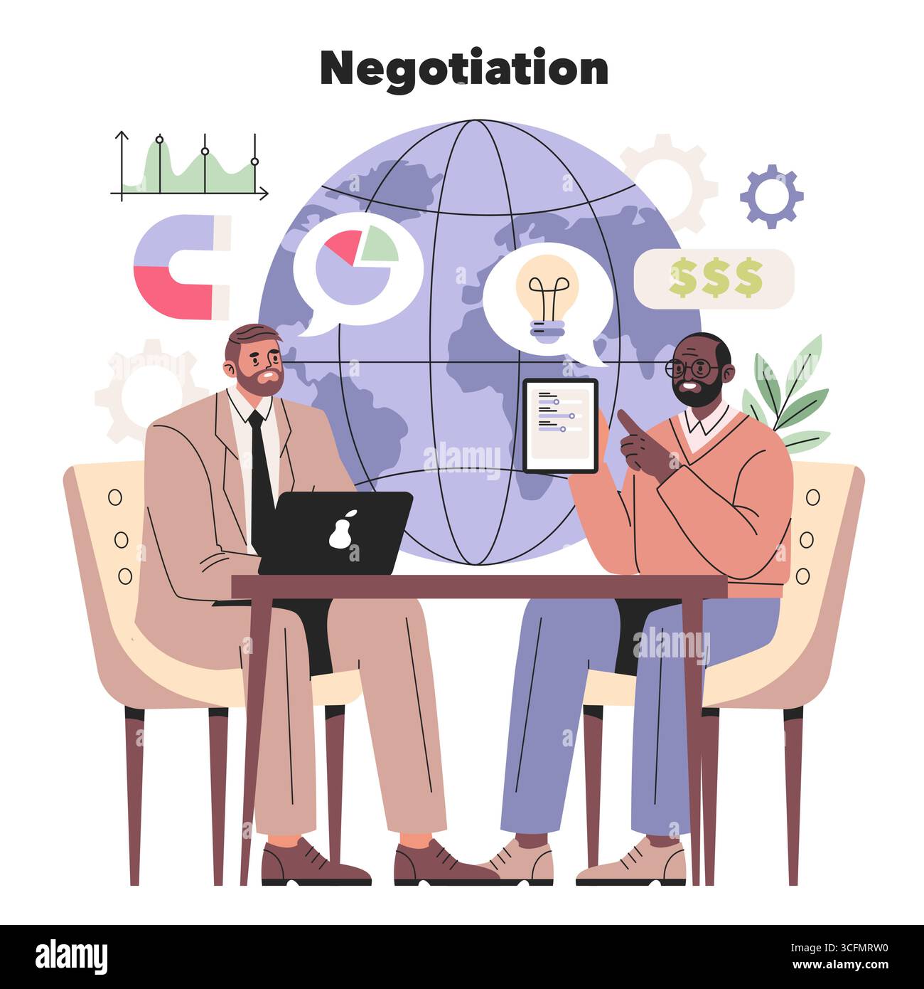 Illustration vectorielle de deux hommes d'affaires engagés dans la négociation. Ils s'assoient sur une table, discutant de la finance mondiale, avec des graphiques et des graphiques en arrière-plan symbolisant l'analyse des données. Illustration de Vecteur