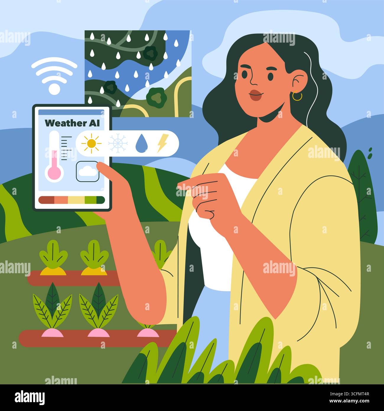 Femme dans un jardin à l'aide d'une tablette avec IA météo, entourée de plantes et de symboles technologiques. L'illustration met en évidence les techniques agricoles modernes et l'agriculture numérique. Illustration de Vecteur