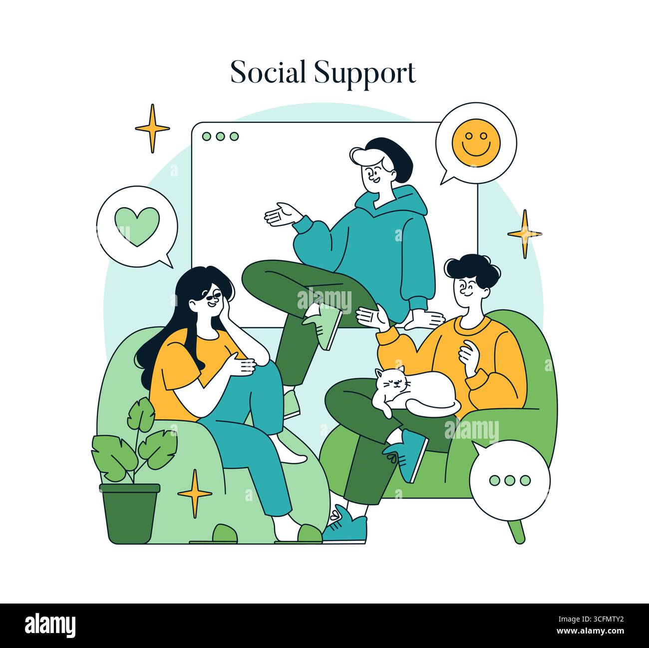 Illustration vectorielle de trois individus dans un cadre décontracté, s'engageant dans un soutien social amical. Ils sont assis confortablement, souriants et communiquant positivement, créant une atmosphère chaleureuse. Illustration de Vecteur