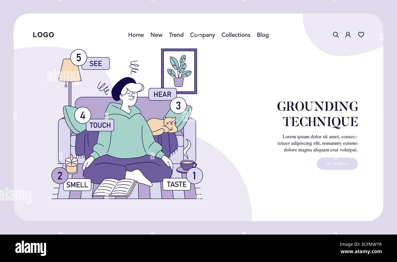 Techniques de mise à la terre illustrées par des étapes sensorielles avec des éléments étiquetés comme le toucher, l'odorat et la vue. Une personne se détend sur un canapé à côté d'un chat pour la pratique apaisante. Illustration de Vecteur