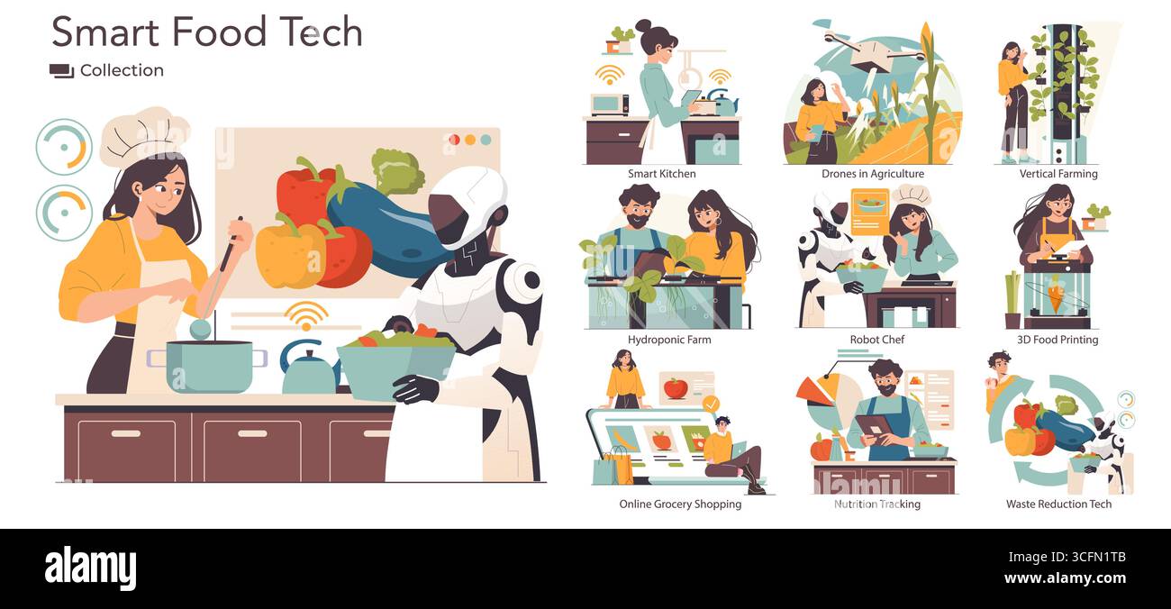 Illustration présentant les innovations technologiques de l'alimentation intelligente telles que les robots chefs cuisiniers, l'agriculture hydroponique et l'impression alimentaire 3D, mettant en évidence les tendances futures dans l'agriculture et les avancées culinaires. Illustration de Vecteur