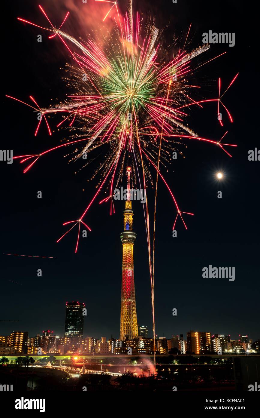 Des feux d'artifice illuminent le ciel nocturne au-dessus de Tokyo Skytree pendant le Sumida River Fireworks Festival à Tokyo, au Japon. La tour de diffusion éclairée an Banque D'Images