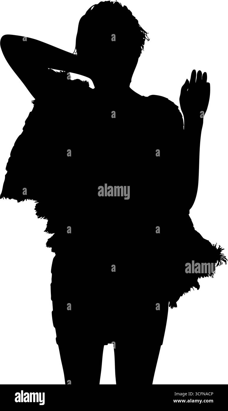 Illustration d'une silhouette féminine portant une cape de fourrure texturée. Silhouette de femme de mode posant, créant un contraste visuel dramatique et élégant. Illustration de Vecteur